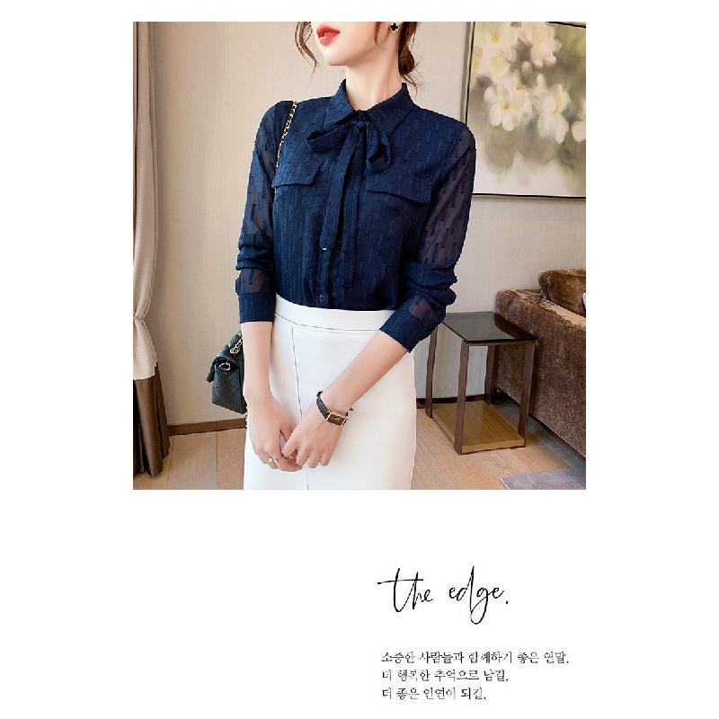 Bow-tie chiffon women's long-sleeve shirt, 2026 new model, spring and autumn blue blouse