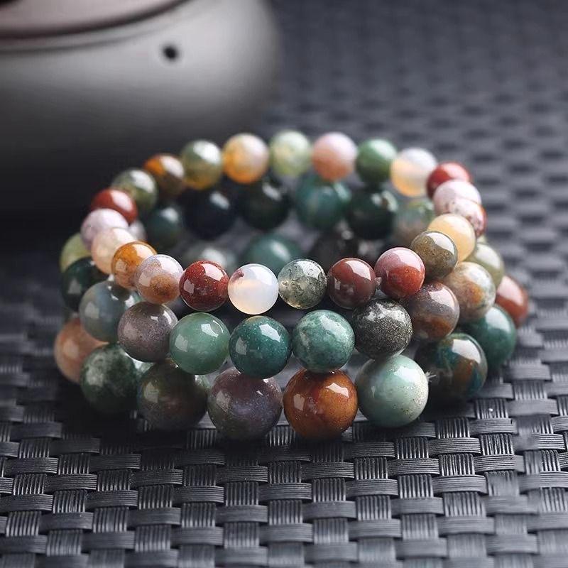 8mm Natural Aquatic Plant Agate Bracelet for Men and Women, Single-loop Indian Agate Chalcedony Bracelet, Single-loop Women's Accessory