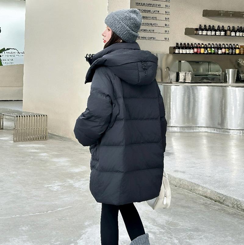 Square buckle down jacket women's medium length 2024 winter new hooded thickened loose white duck down warm jacket tide