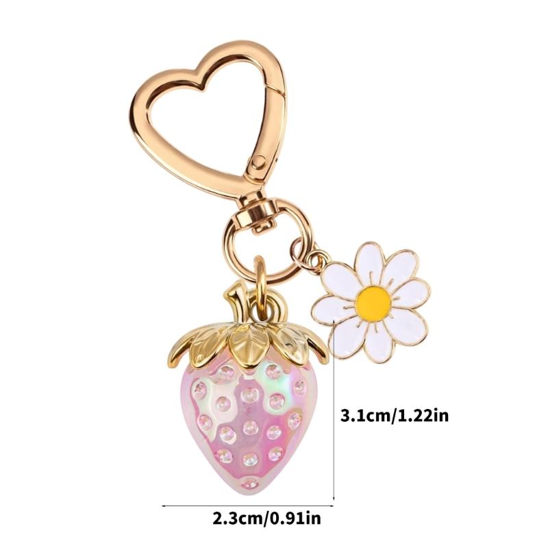 Romance Heart Shaped Resin Keychain With Strawberry Daisy Designs Portable Sturdy for Keys Bags Gifts