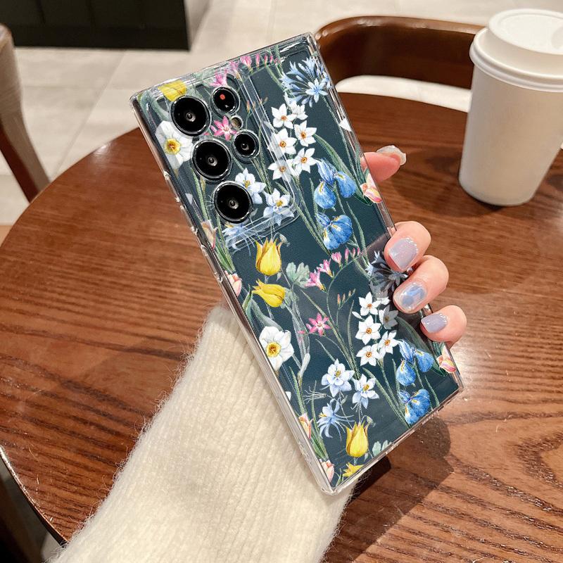 Retro Flowers Pattern Phone Case For Samsung Galaxy S26 S25 S24 S23 Ultra S22 S26 Plus S24 S21 FE S25 Edge Clear Soft TPU Cover