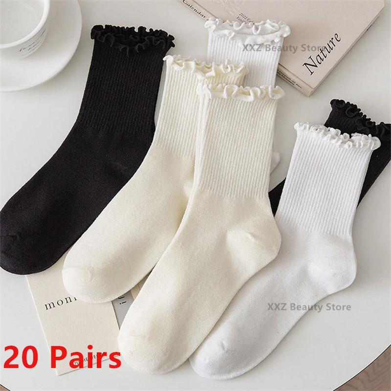5/10/20 Pairs Mix Color Socks Fashion Women Ruffle Frilly Socks Novelty Funny Ankle Socks Cute Solid Cotton Breathable Sock