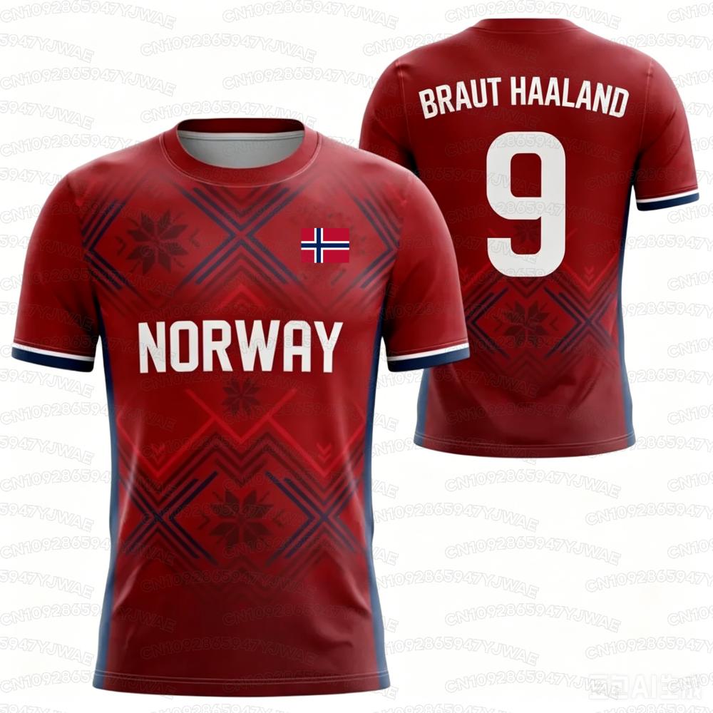 2026 Camiseta de Manga Corta con Estampado de la Bandera de Noruega para Hombre y Mujer N.º 9 HAALAND Camisetas con Estampado 3D Camiseta de Fútbol para Niños al Aire Libre Tops Deportivos