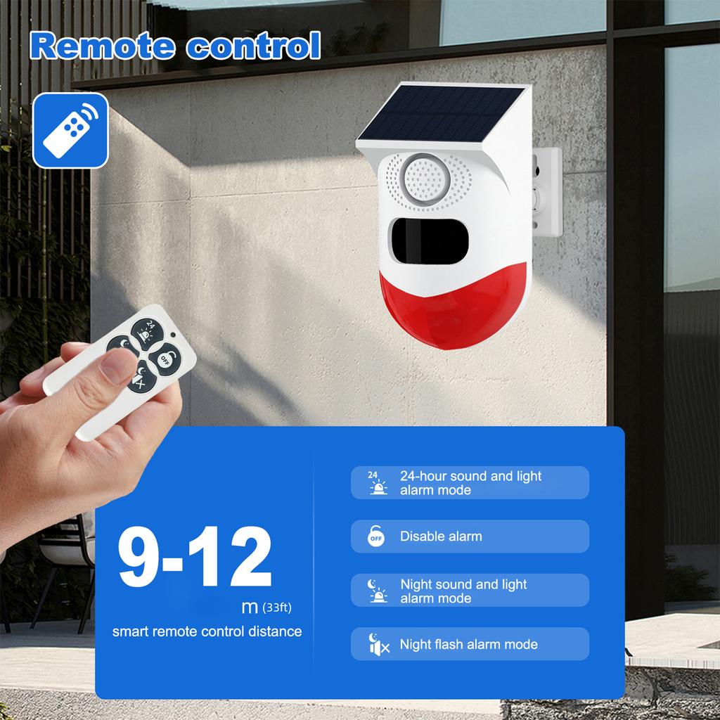 Solar Motion Sensor Alarm Outdoor Solar Alarm 120dB Loud Siren LED Strobe Lights Sound Security