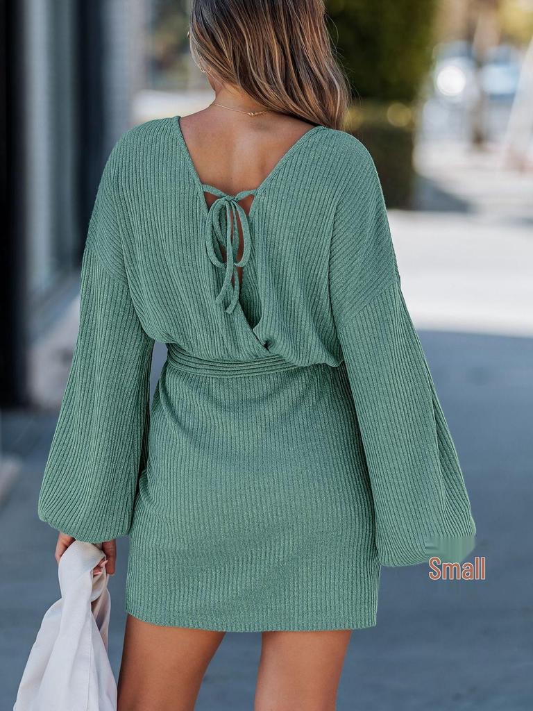 2026 European & American Women's Ribbed Knit Dress with Belt - Long Sleeve, Spring/Autumn Fashion