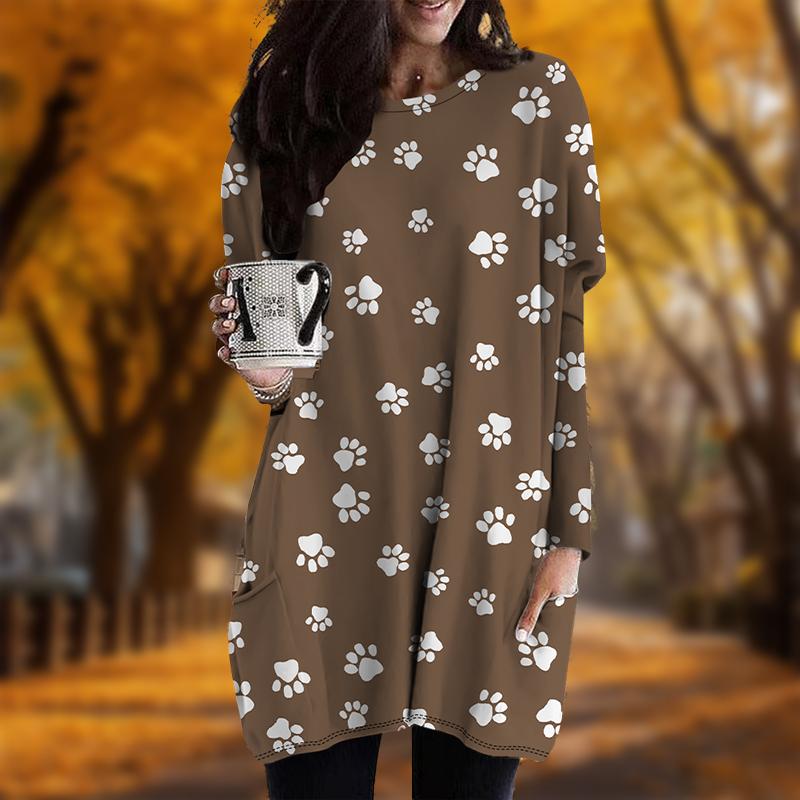 New In Autumn Solid Color Dog Paw Print Plus Size Dress Women O'neck Long Sleeves Casual Pocket Dresses