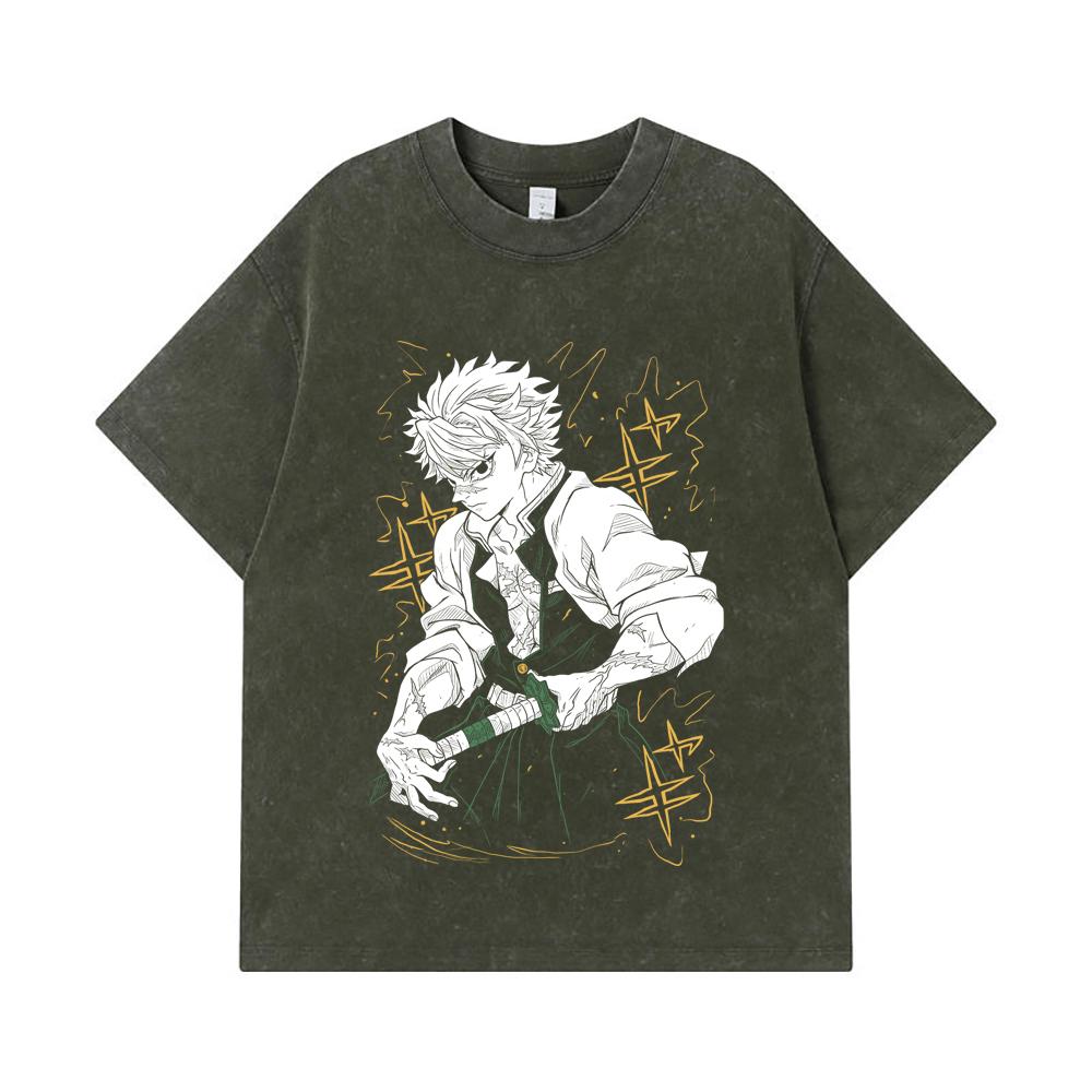 275 GSM Washed T-shirts 100 Cotton Demon Slayer V13 Sanemi Print Unisex Heavy Cotton T Shirt S армия зеленый 2190₽