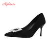 Fashion Aphixta Crystal Buckle High Heels 8cm Stiletto Heels Pumps Black Suede Sexy Women Shoes Pointed Toe Party Pumps Super Big Size45