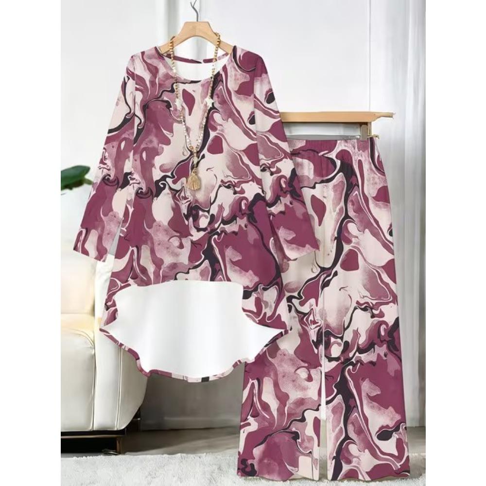 Completo Due Pezzi Stampa Geometrica Donna Tunica a Manica Lunga Orlo Irregolare Pantaloni a Gamba Larga Set Coordinato Casual