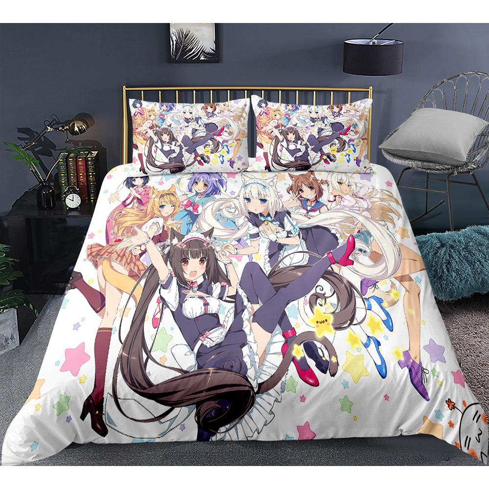 Cute Anime Cat Maid Pattern NEKOPARA 3pcs Bedding Set Game Printing Duvet Cover and Pillowcase Bedroom Decorate for Otaku Teens