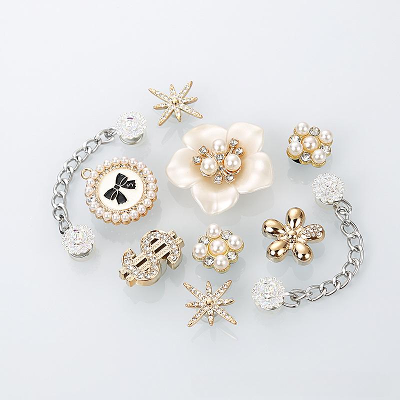 10PCS Fashion Shoe Charms Set Accessories Hole Shoe Buckle Crystal Pearl Damond Chain Shoe Flower DIY Shoes Decorations Gift