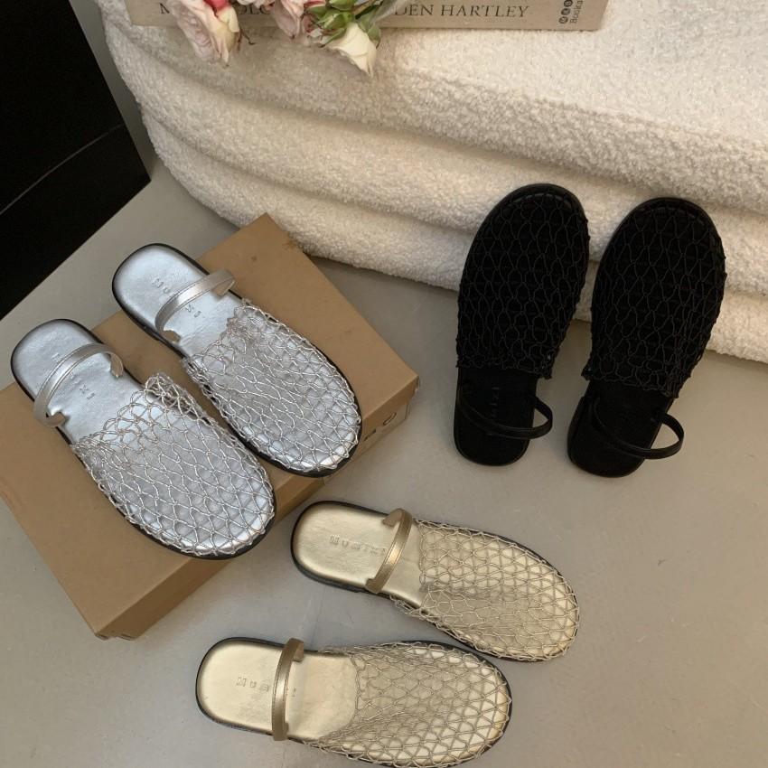 Leather bag head back strap fishing net flat sandals Roman shoes 25 summer new hollow comfortable beach half slippers