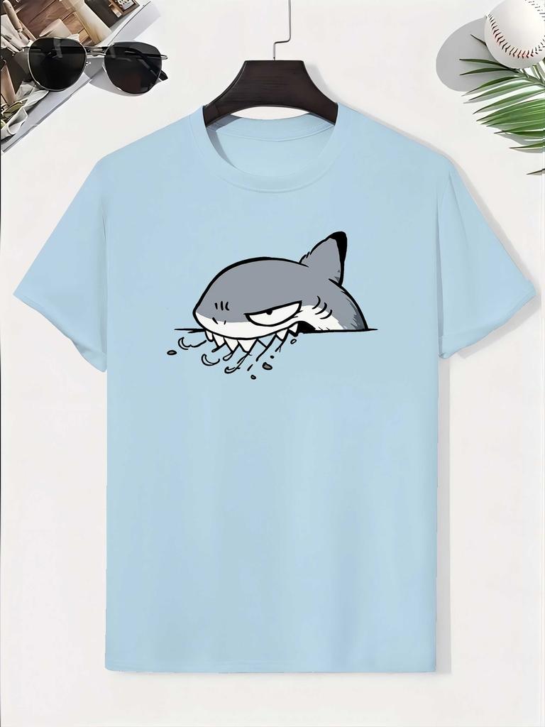 2026 Cartoon Shark Gray Fang Watermark Pure Cotton Boy's T‑shirt Creative Lightweight Comfortable Short Sleeved Kids T‑shirt