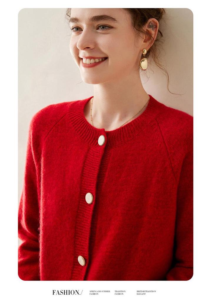 Women's Thickened Cashmere Cardigan - Autumn/Winter, Long Sleeve, Round Neck, Loose Fit, Single-Breasted Knitwear.