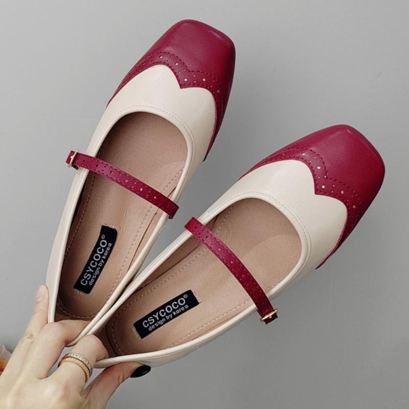 

Patchwork Mixed Color Vintage Design Mary Janes Women Comfort Square Toe Low heel Shoes Simple Buckle Ballet Shoes for ladies 39 красный