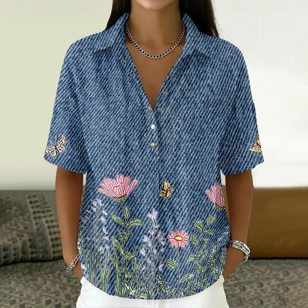 Women's Vintage Floral Print Short Sleeve T Shirt Loose Fit Button Down Polo Collar Linen Blend Casual Top