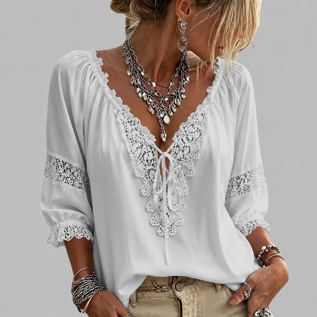 Camicetta Elegante da Donna con Scollo a V, Bordi in Pizzo, Patchwork e Maniche a Tre Quarti