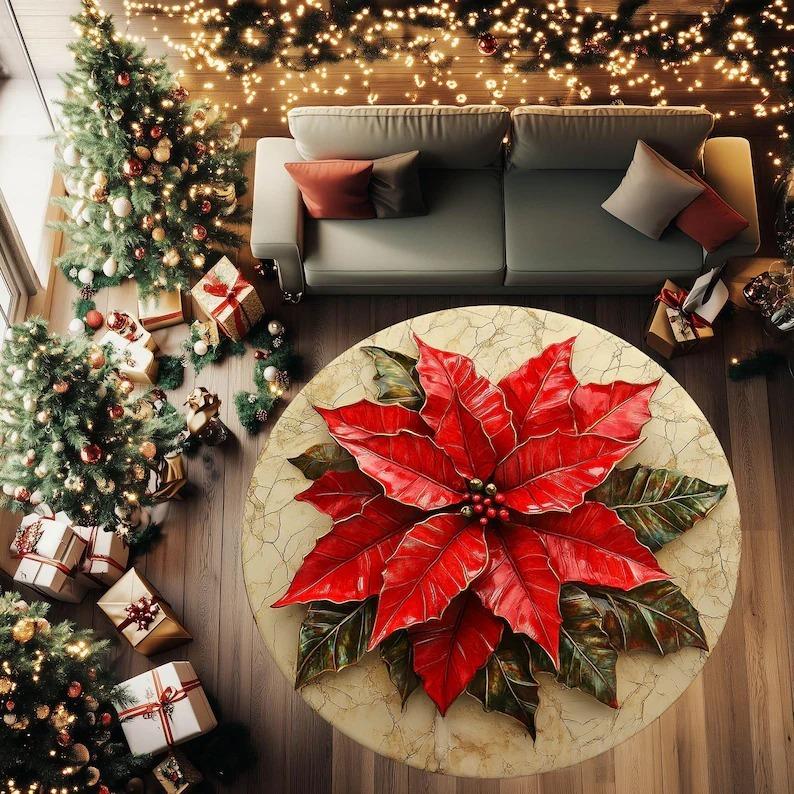 

Poinsettia Christmas Round Rug,Decorative Holiday Flower Mat for Living Room,Non-Slip Xmas Home Decor Gift with Red Green Design Diameter 100cm