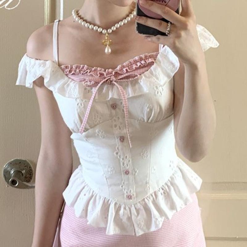 Korea Chic Fake Two-piece Design Sense Shirt Summer New Sweet Lace Shirt Cropped Tops Off Shoulder Sexy Casual Camisole Top