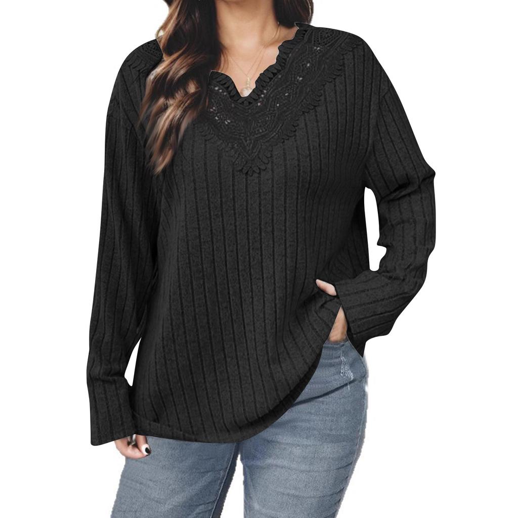 Women's V-Neck Lace Trim Loose Fit Long Sleeve Knit Top for Casual Wear
