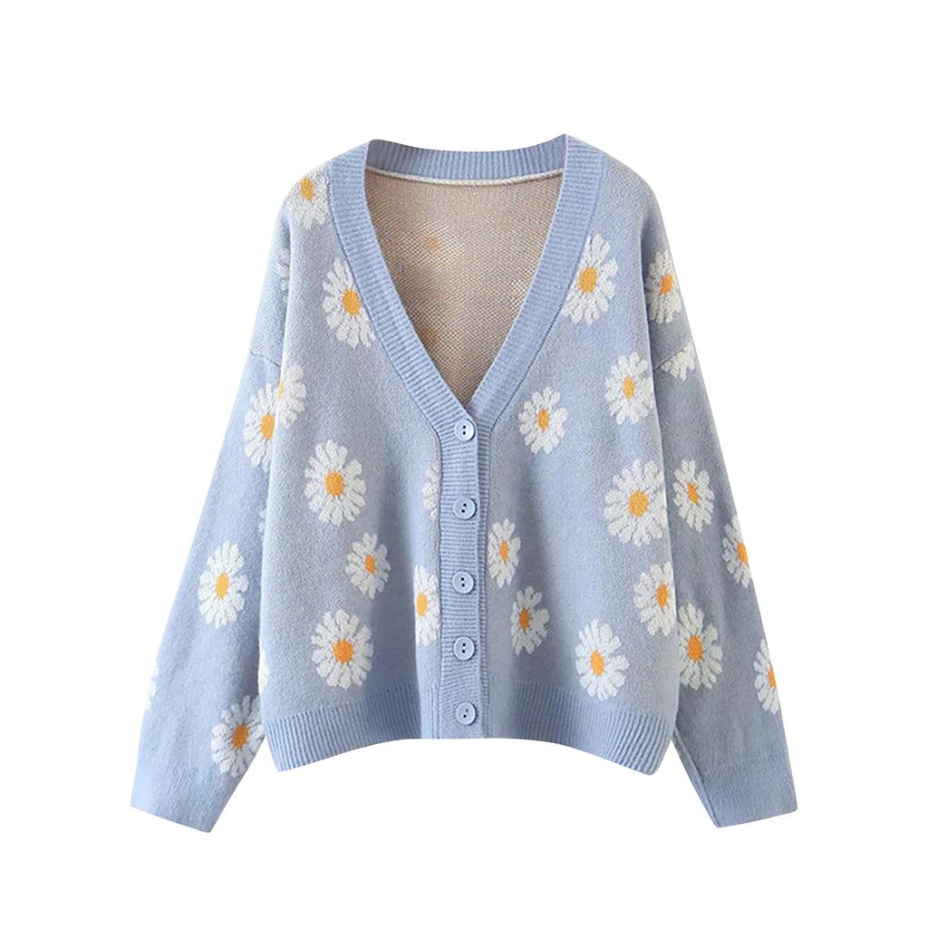 Women's  And Winter Fashion Flower Cardigan Sweater V-neck Long-Sleeved Sweater Women
