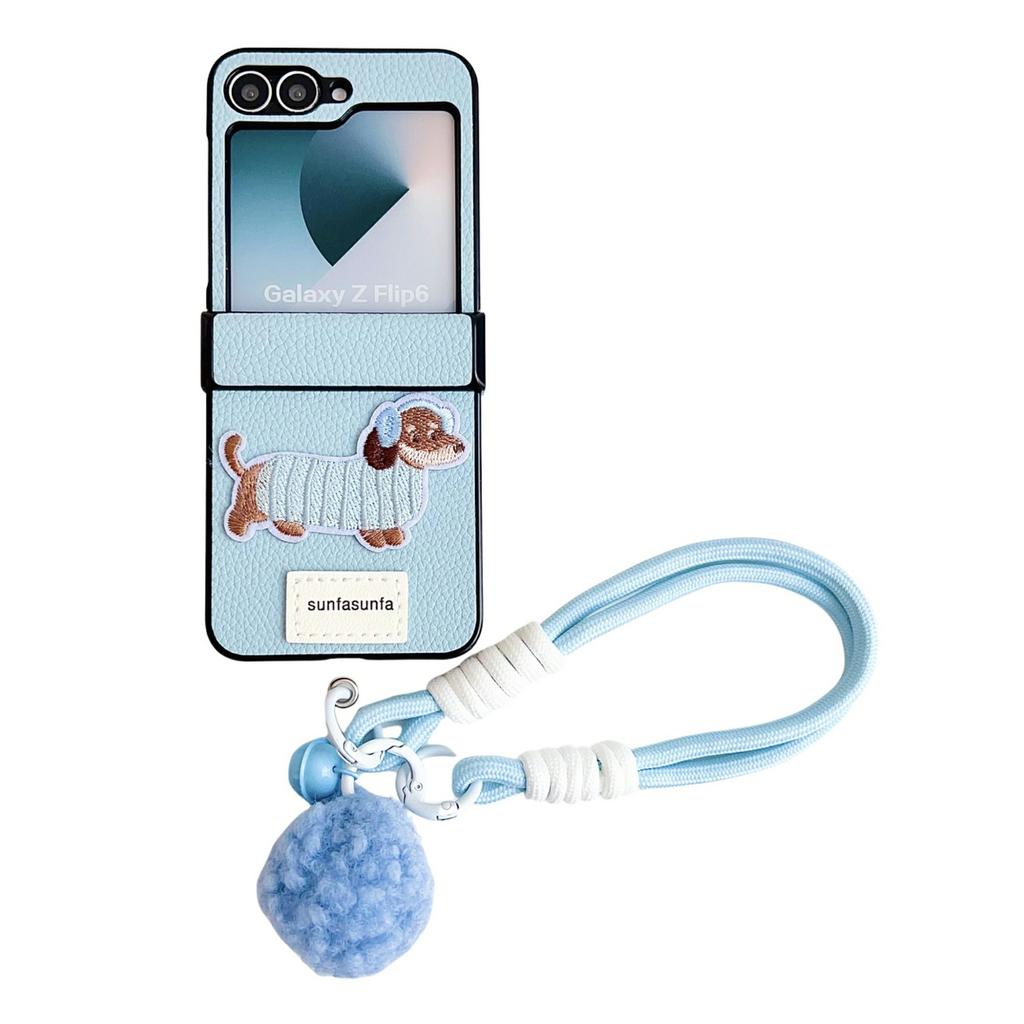 For Samsung Galaxy Z Flip6 5G Case Cute Dog Hinge Protection Litchi Texture Phone Cover with Wrist Strap