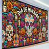 1 item Halloween party banner - a colorful polyester backdrop with traditional skull patterns