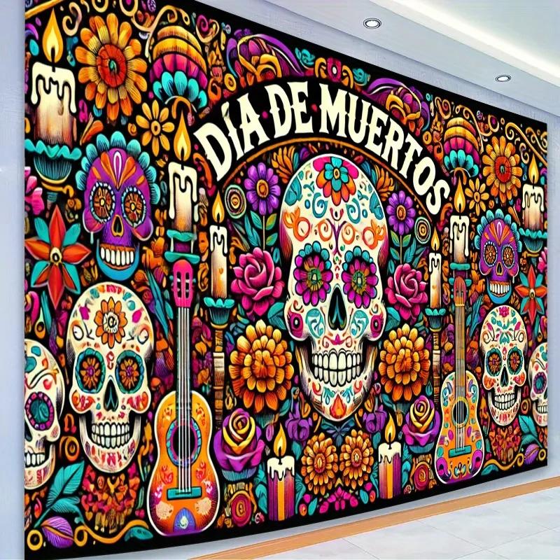 1 item Halloween party banner - a colorful polyester backdrop with traditional skull patterns