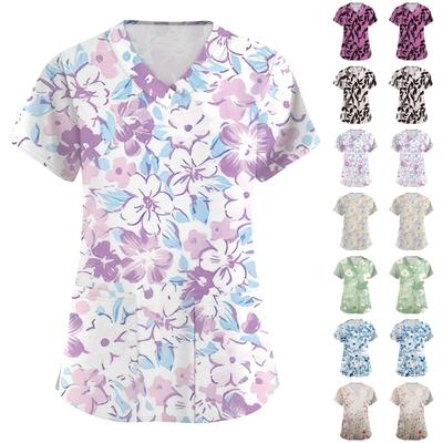 Women's Fashion Printed  Short Sleeve Care Workwear With Double Pockets Top