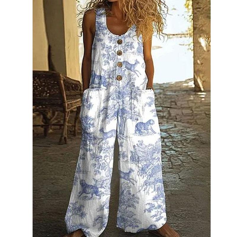 Women's Overalls Casual Loose Sleeveless Adjustable Straps Bib Wide Leg Jumpsuit with Pockets