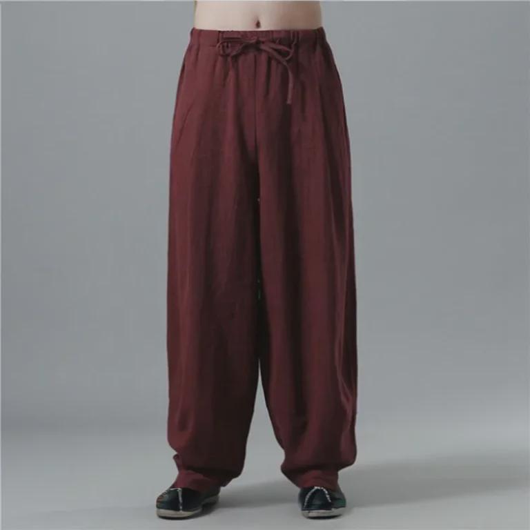 Men's Summer Loose-Fit Cotton Linen Wide-Leg Elastic Waist Sports Pants