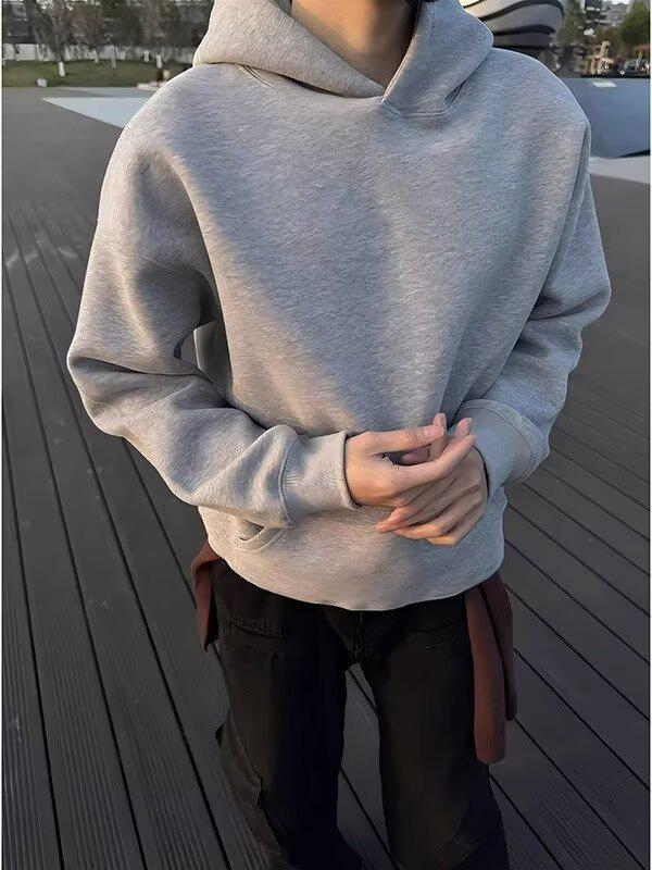 Men's Light Gray Heavyweight Hoodie - Casual Loose Fit, Trendy American Style, Autumn/Winter.