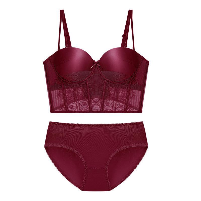 Red Push-Up Bra Set: Six-Button Adjustable, Anti-Side-Boob, No Underwire, Small Bust Enhancement