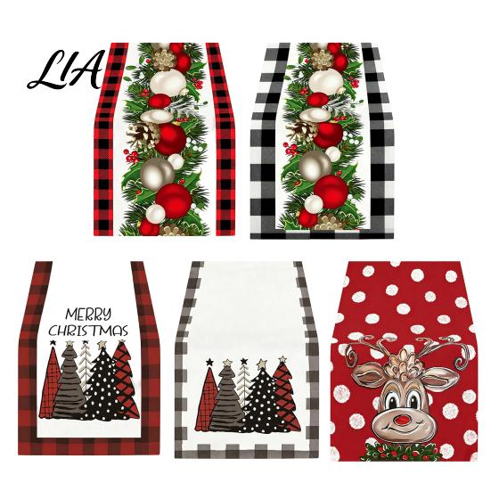 Dining Table Runner Christmas Runner, Xmas Tree Ball Reindeer Print Seasonal Accessories Tablecloth, Winter Holiday Party Decoration Coffee
