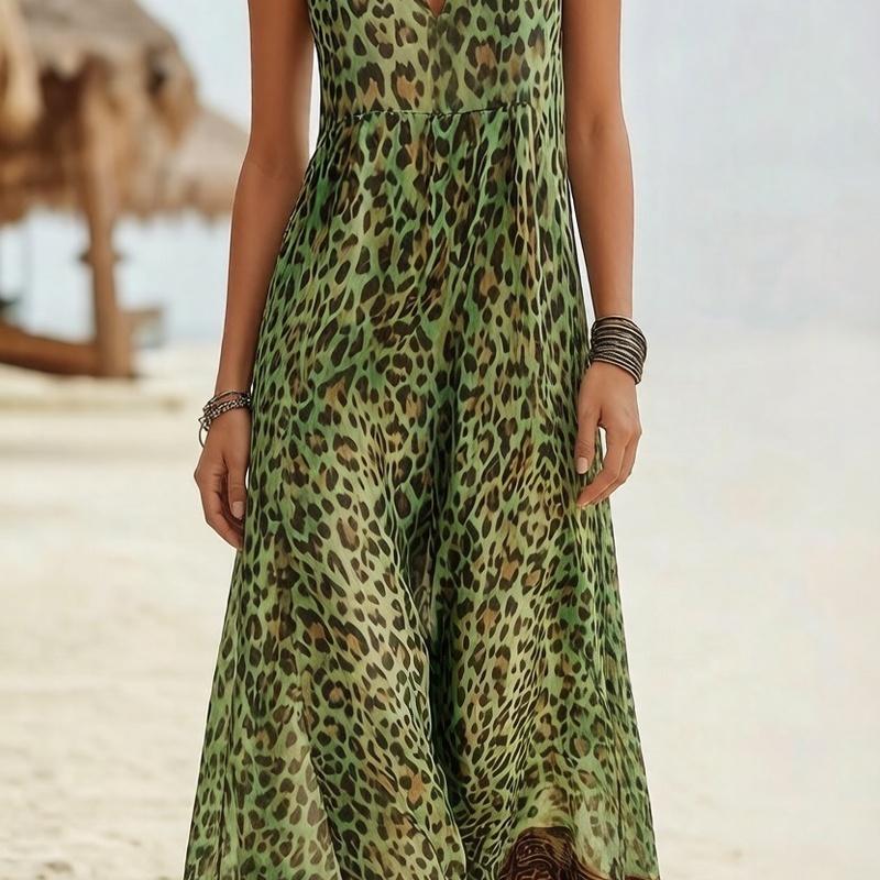 

European Style Tik Tok Summer Leopard Casual Sleeveless V-Neck Maxi Dress Women XXXL