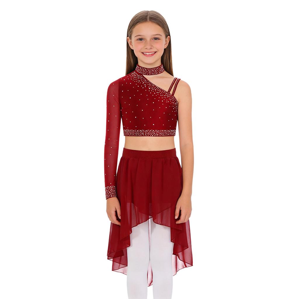 Mädchen Tanzset Funkelnde Strasssteine Oberteile Einzigartiges Unregelmäßiges Schulterfreies Crop Top High-Low Chiffon Rock