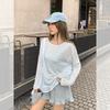 Unique blue and white striped contrasting color round neck long-sleeved sunscreen blouse women's summer open-ended backless pure desire T-shirt small 