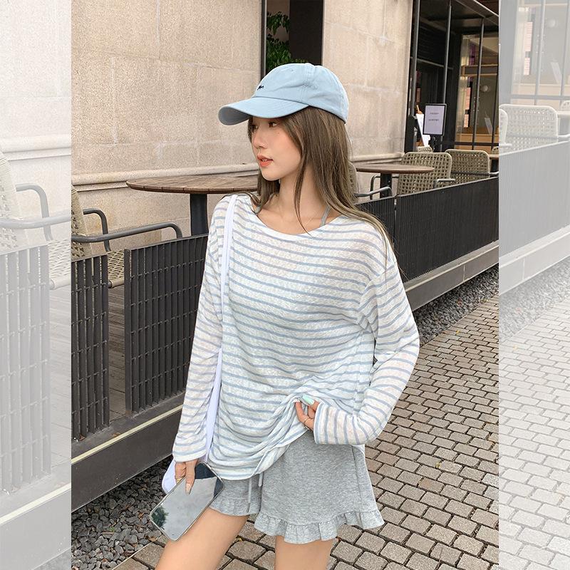 Unique blue and white striped contrasting color round neck long-sleeved sunscreen blouse women's summer open-ended backless pure desire T-shirt small 