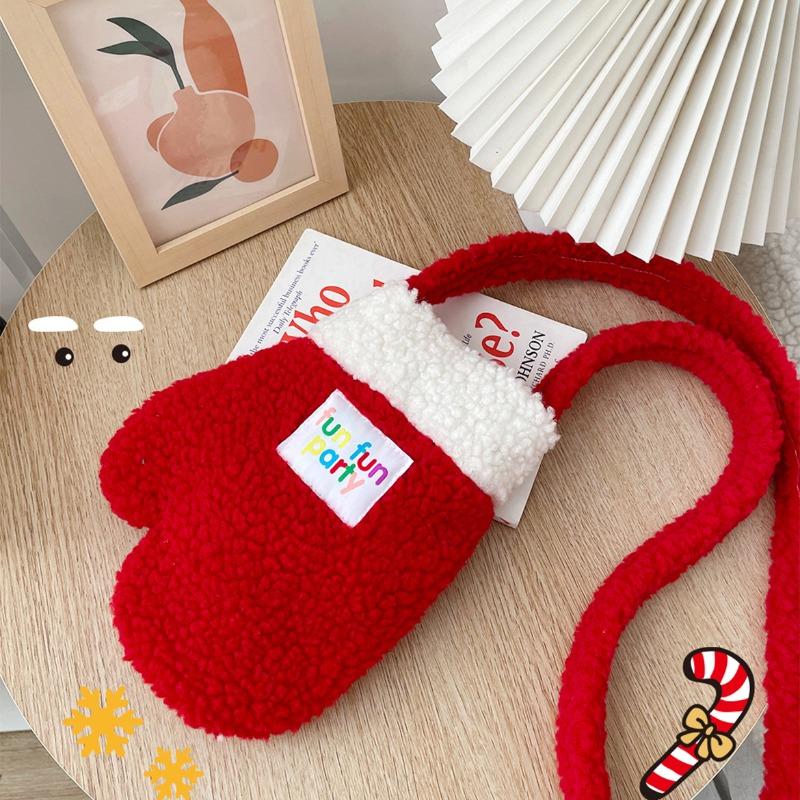 Ev yapımı sevimli eldivenler peluş çanta Noel çapraz küçük çanta büyük kırmızı peluş kış postacı cep telefonu çantası ebeveyn-çocuk çantası