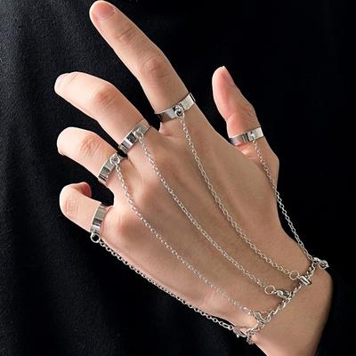 Pulsera/Anillo de cadena geométrica punk de color negro para mujer y hombre, anillo abierto de eslabones de plata, joyería de moda con diseño moderno para chicas.