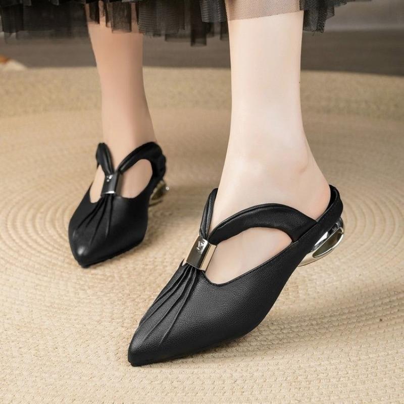 Anti-slip Shoes, Casual Chunky Heel Pointed Toe Half Slippers, Wrap-around Slippers