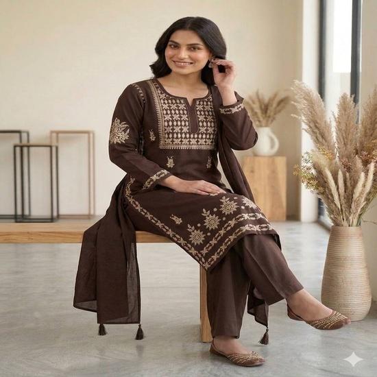 Royal Heritage Embroidered Coffee Brown 3-Piece Kurta Palazzo Set M