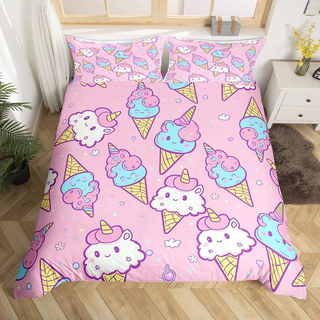 Cartoon Food Duvet Cover Set Melting Ice Cream Cones Decorative Bedding Set with Pillowcase Kids Women Holiday Gift Duvet Cover