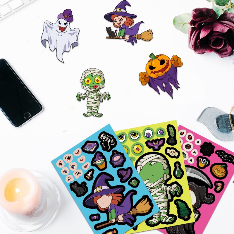 New 8 Sheets DIY Pumpkin Ghost Assemble Jigsaw Educational Game Make A Face Puzzle PVC Sticker Kids Party Favors Gift Toy