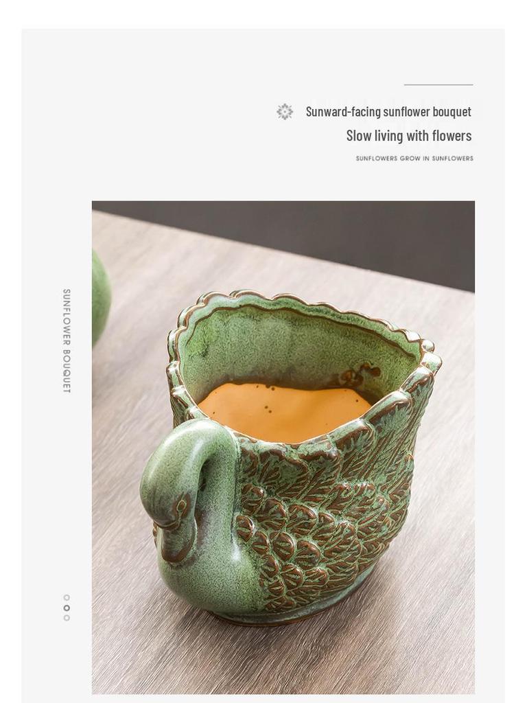 Vintage Green Swan Ceramic Flower Pot with Tray - Breathable Pottery for Orchids and Succulents