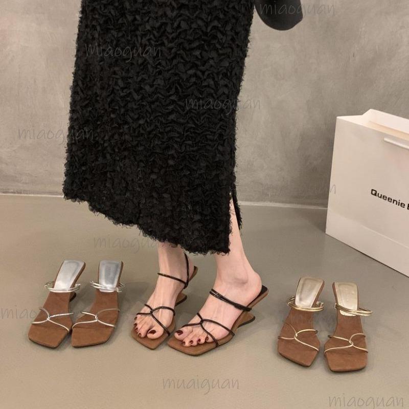 Fashion Fashion Gold Narrow Band Slides Women 2025 Summer Cross Strap Square Toe Slip On Sandals Silver Novelty Strange Heel Slippers