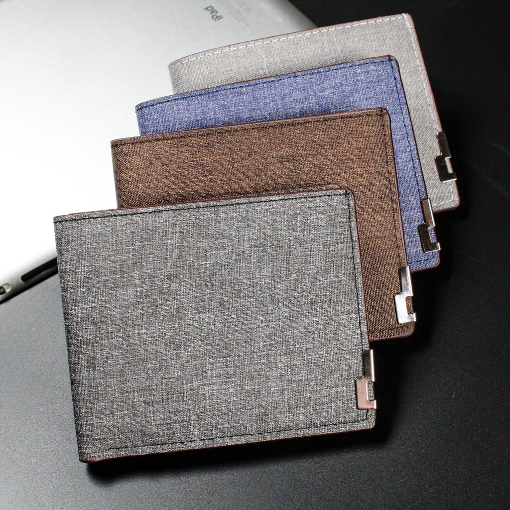 Men's Classic PU Wallet with Photo Frame, Bill Compartment & Card Slots - Short Horizontal Denim Texture