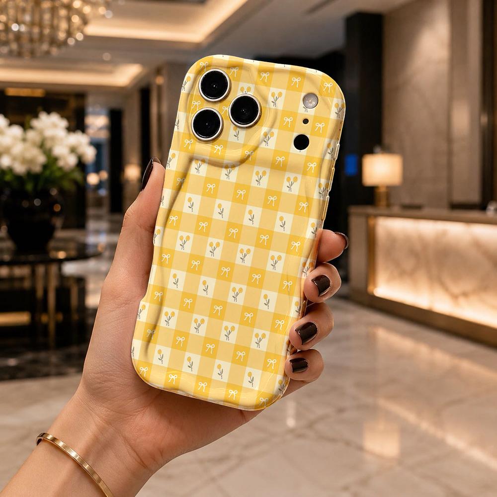 Yellow Plaid Tulip Tiny Bow Pattern Wavy Edge Phone Case For iPhone 17 16 15 14 13 12 11 8 7 Plus Pro Max Soft Protective Cover