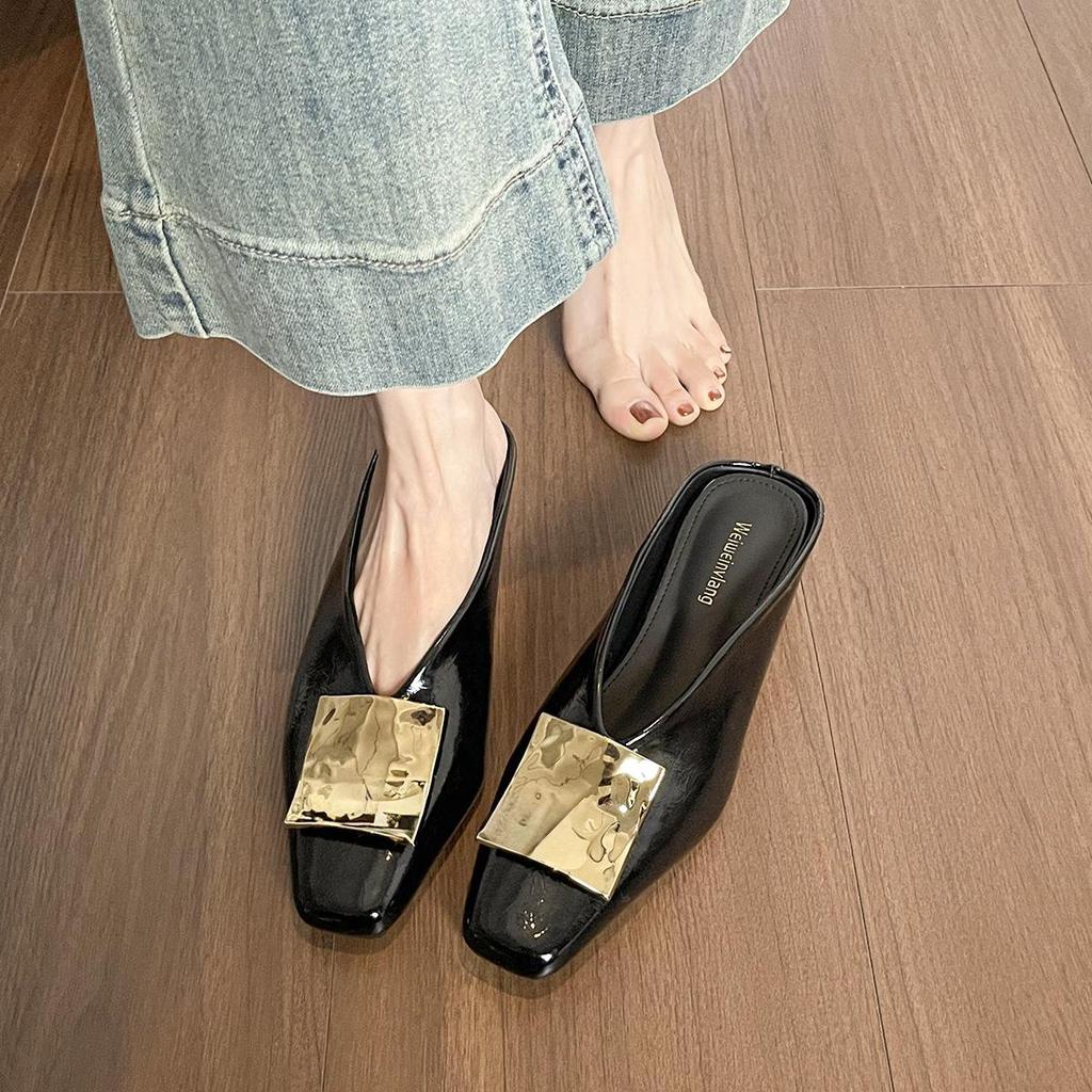 Wei Wei Retro Square Toe Slip-On Women's Sandals with Square Buckle