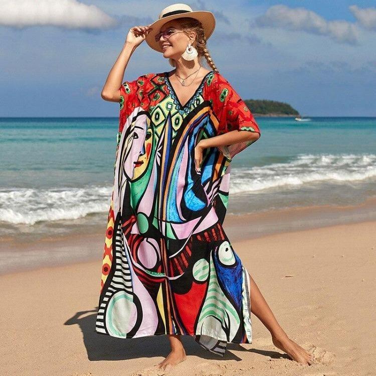 Colorful Printed Boho Beach Kaftan Dress Women Plus Size Maxi Summer Cover Up Rayon Bathing Suit